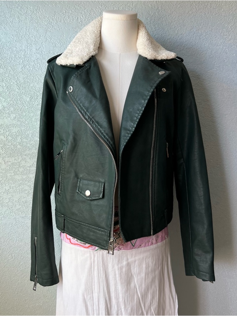 Levis Green Faux Leather Moto Jacket Sherpa Collar Cropped Biker Size S